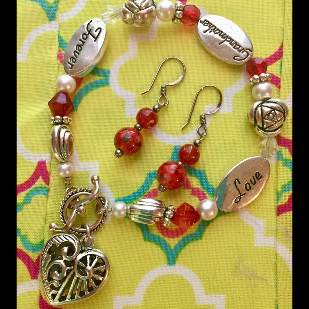 Red silver Grandmother Bracelet, red earrings!